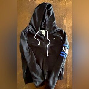 VICTORIA'S SECRET PINK BLACK FULL ZIP HOODIE WITH BLUE STRIPED SLEEVE 
Size M